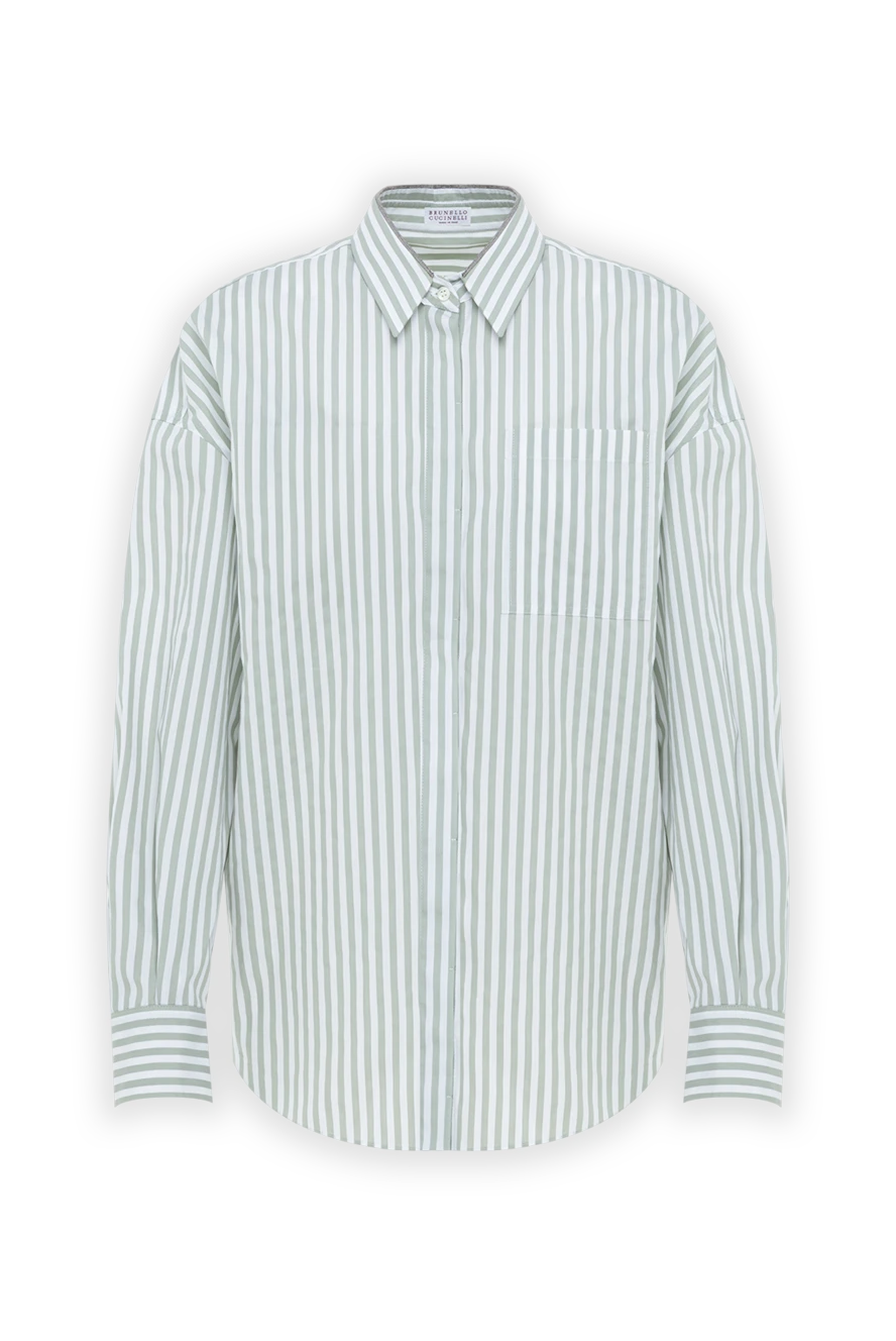 Brunello Cucinelli Women's white striped shirt made of cotton and silk - striped pattern. 81% cotton, 19% silk. Fastener: buttons. Country of manufacture: Italy. Care: specialized cleaning - photo 1