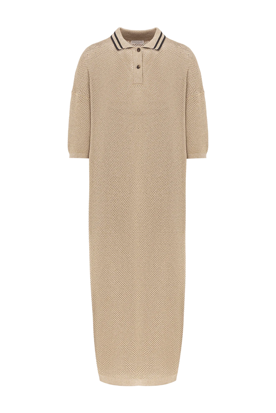 Brunello Cucinelli Knitted midi dress with polo collar in beige with short sleeves - mesh knit. 85% cotton, 15% metallic. Fastener: buttons. Country of manufacture: Italy. Care: specialized cleaning - photo 1