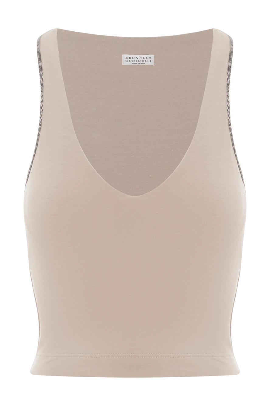 Brunello Cucinelli Бежевый трикотажный топ с цепочкой с отделкой Monili - цепочка Monili. 93% хлопок, 7% эластан. Страна производитель: Италия. Уход: специализированная чистка - фото 1