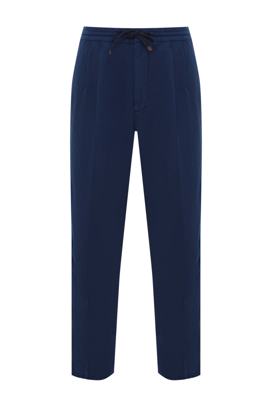 Brunello Cucinelli Men's Blue Linen Cotton Drawstring Trousers with Pinch Details - tucks. 54% linen, 46% cotton. Fastener: drawstring, zipper, button. two side pockets, two back pockets. Country of manufacture: Italy. Care: specialized cleaning - photo 1