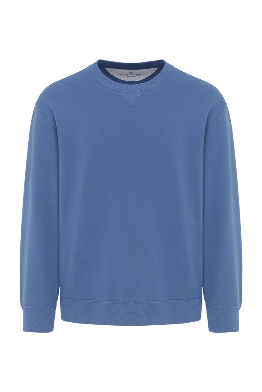 Brunello Cucinelli Men's cotton sweatshirt with a round neckline, blue - 93% cotton, 7% polyamide. Country of manufacture: Italy. Care: specialized cleaning - photo 1