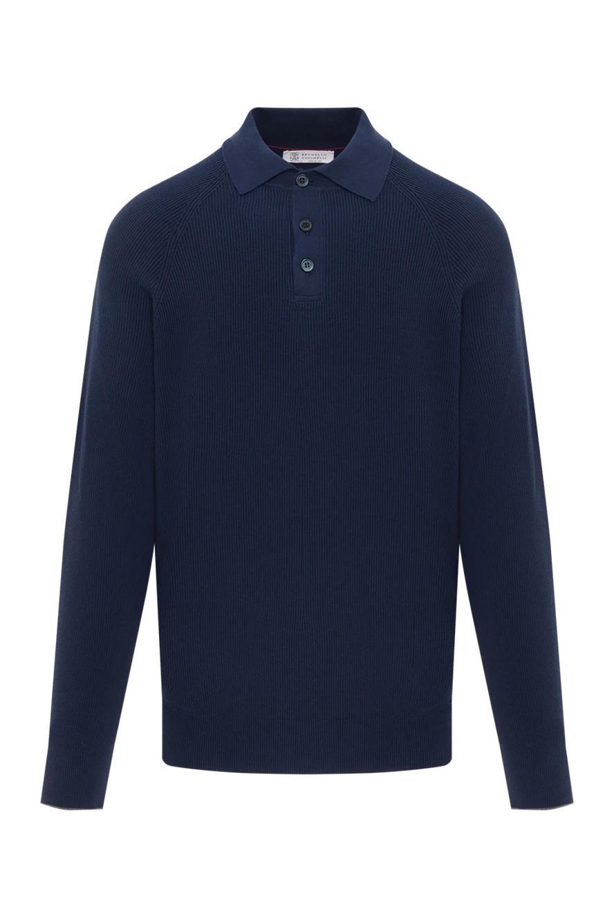 Brunello Cucinelli Поло из хлопка с длинным рукавом синее в рубчик - рубчик. 100% хлопок. пуговицы. Страна производитель: Италия. Уход: специализированная чистка - фото 1