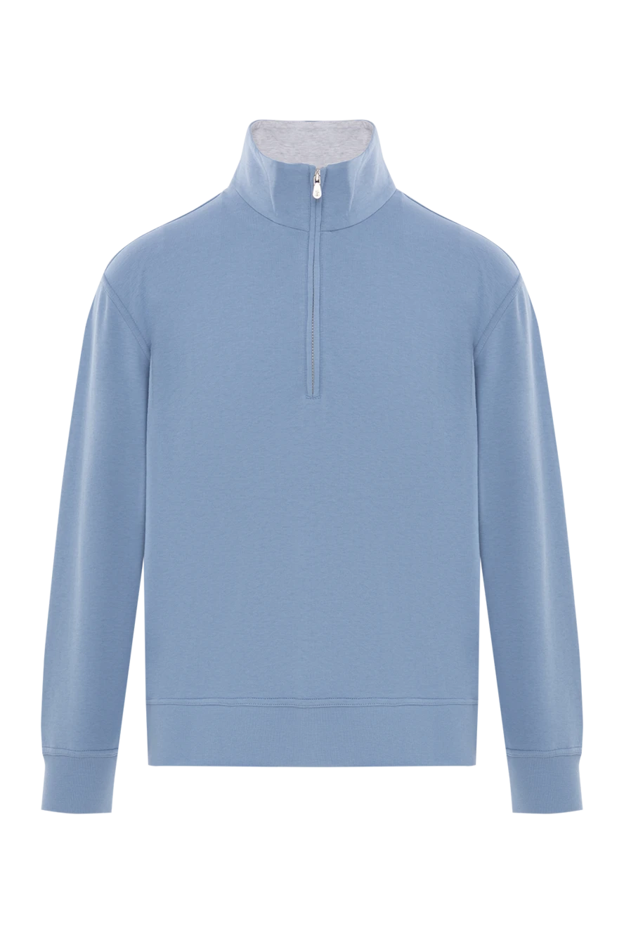 Brunello Cucinelli Cotton troyer with high collar and zip light blue - 93% cotton, 7% polyamide. Fastener: zipper. Country of manufacture: Italy. Care: specialized cleaning - photo 1