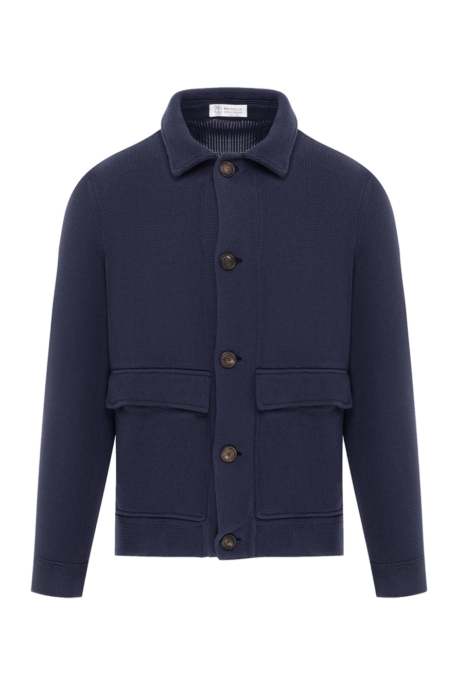 Brunello Cucinelli Men's knitted blue cotton cardigan with zipper - 100% cotton. Fastener: zipper. Country of manufacture: Italy. Care: specialized cleaning - photo 1