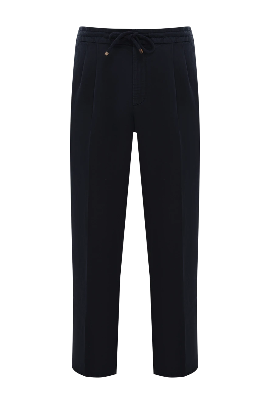 Brunello Cucinelli Men's Navy Blue Linen Cotton Drawstring Trousers with Pleats - tucks. 54% linen, 46% cotton. Fastener: drawstring, zipper, button. two side pockets, two back pockets. Country of manufacture: Italy. Care: specialized cleaning - photo 1