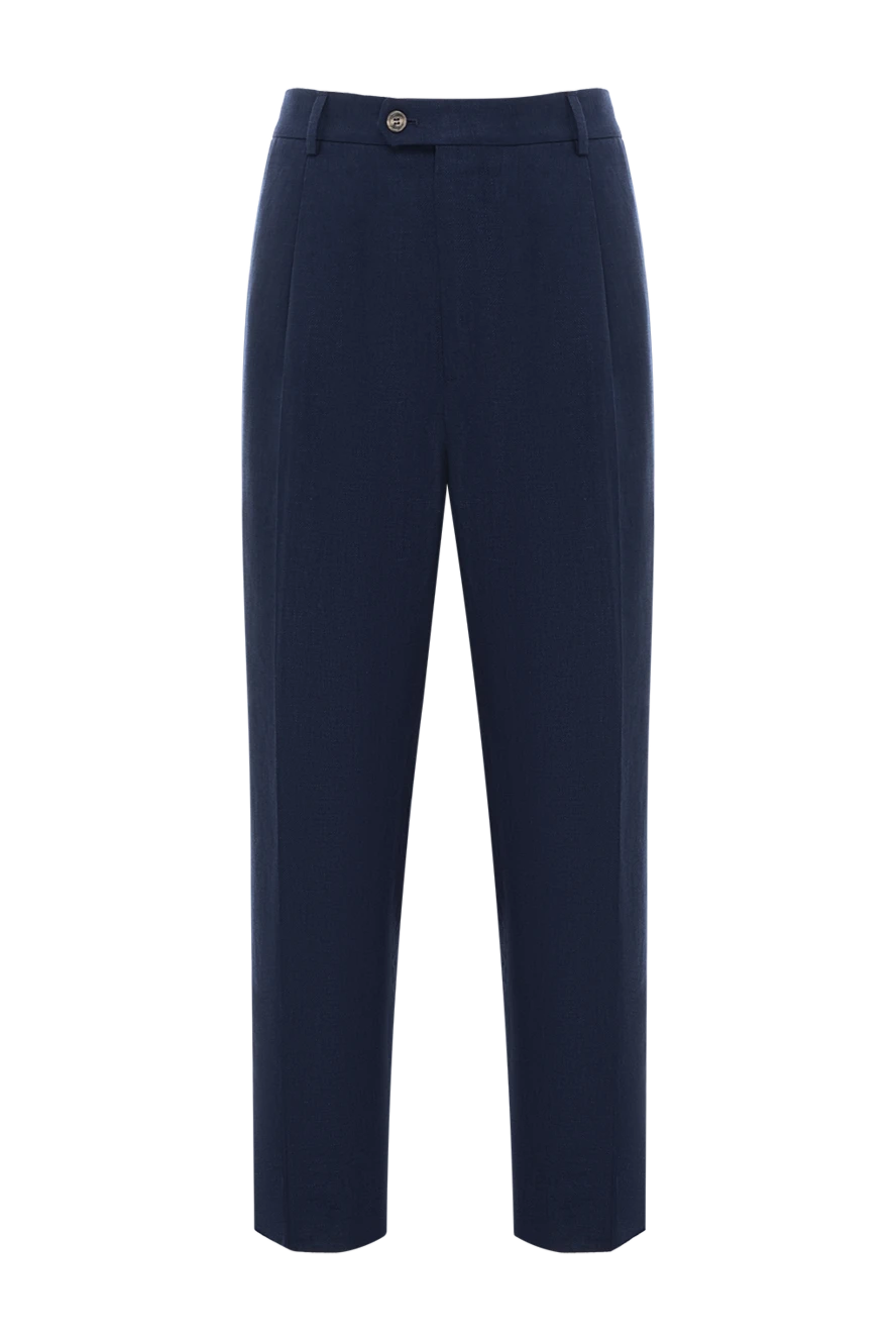 Brunello Cucinelli Blue men's trousers with pleats made of linen wool and silk - tucks. 49% linen, 32% wool, 19% silk. button, zipper. Pockets, two side pockets, two back pockets. Country of manufacture: Italy. Care: specialized cleaning - photo 1
