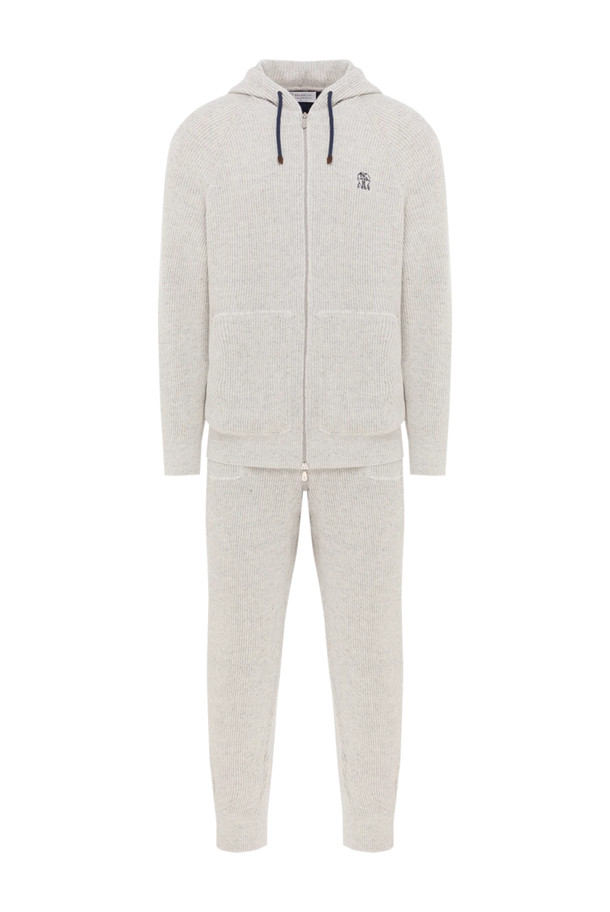 Brunello Cucinelli Grey cashmere ribbed tracksuit with hood and logo - brand logo. Additional: hood. 100% cashmere. Fastener: zipper, drawstring. two side pockets. Country of manufacture: Italy. Care: specialized cleaning - photo 1