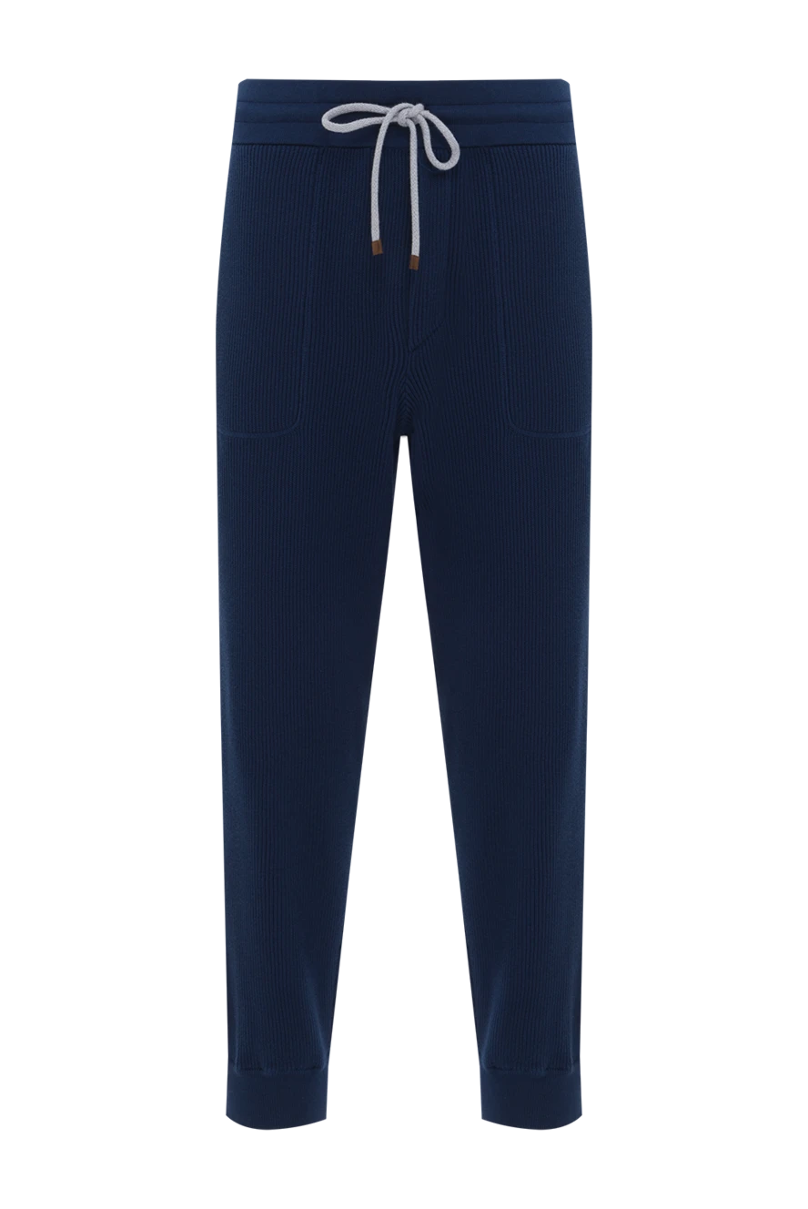 Brunello Cucinelli Men's Navy Blue Ribbed Drawstring Trousers - ribbed. 100% cotton. Fastener: drawstring, zipper, button. two side pockets, two back pockets. Country of manufacture: Italy. Care: specialized cleaning - photo 1