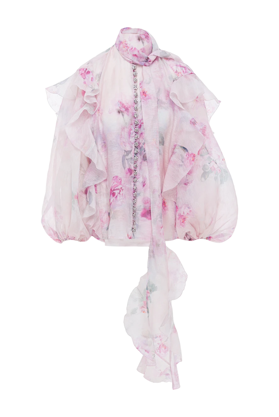 Zimmermann Блузка Crush Tie Neck с оборками в розовом цветочном стиле - цветочный принт. 55% лен, 45% шелк. пуговицы. Страна производитель: Австралия. Уход: специализированная чистка - фото 1
