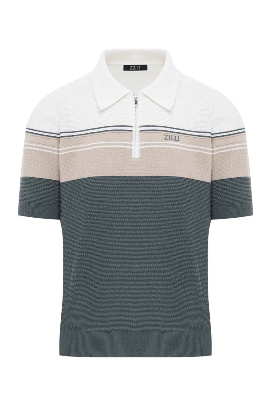 Zilli Поло на блискавці сірого білого та блідо-бежевого кольору Three linesз бавовни та шовку - візерунок смужка, логотип бренду. 50% бавовна, 50% шовк. блискавка. Країна виробник: Італія. Догляд: спеціалізоване чищення - фото 1