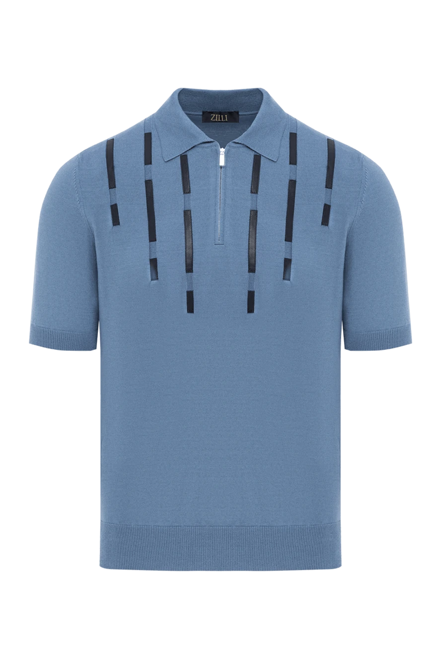 Zilli Блакитне чоловіче поло з бавовни та шовку зі шкіряними деталями - вставки із натуральної шкіри. 50% бавовна, 50% шовк, натуральна шкіра. Країна виробник: Італія. Догляд: спеціалізоване чищення - фото 1