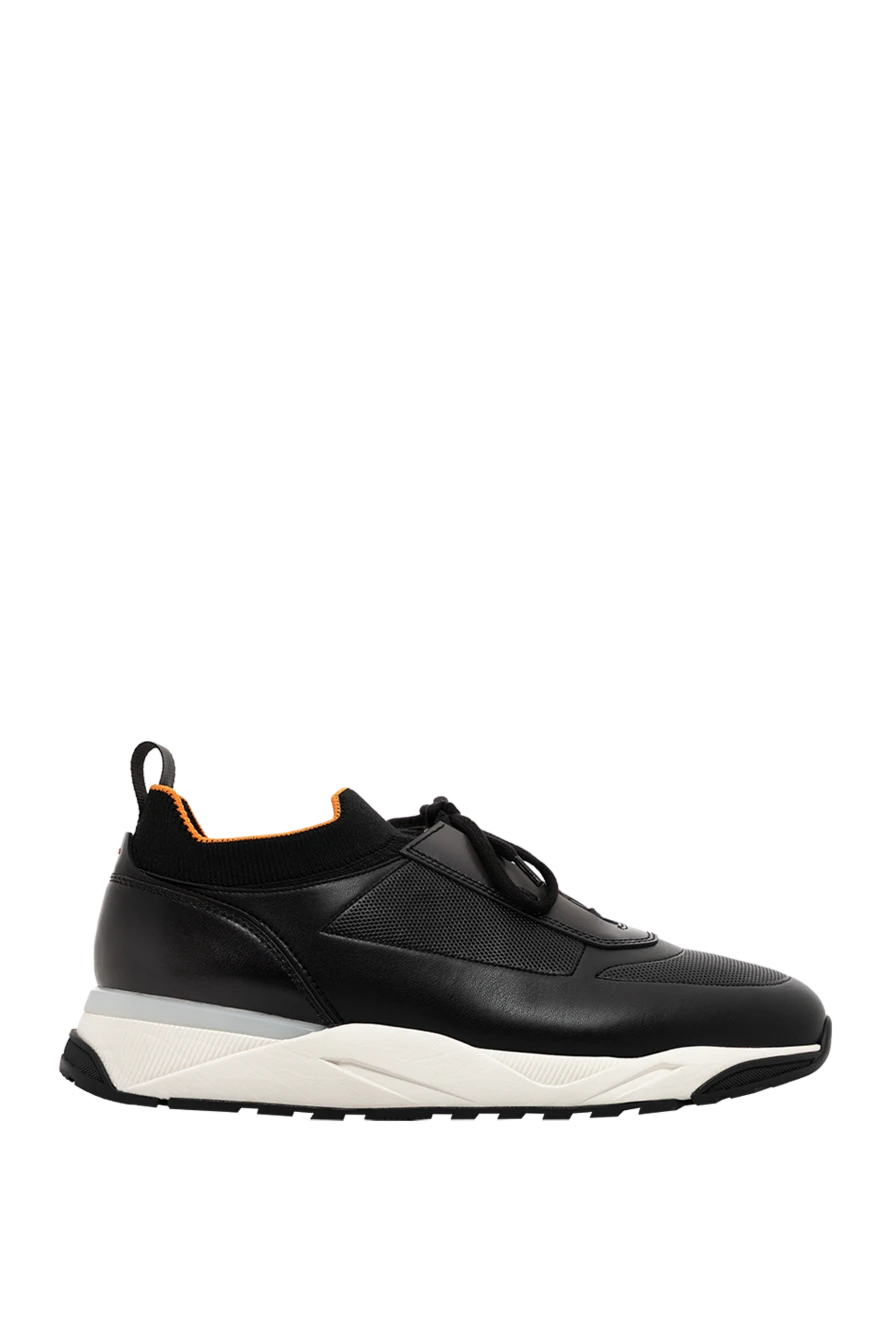 Santoni Men's black sneakers made of genuine leather on a gray sole - Decoration: orange stitch details. 100% calfskin. ribbed rubber sole. lace-up. Country of manufacture: Italy. Care: specialized cleaning - photo 1