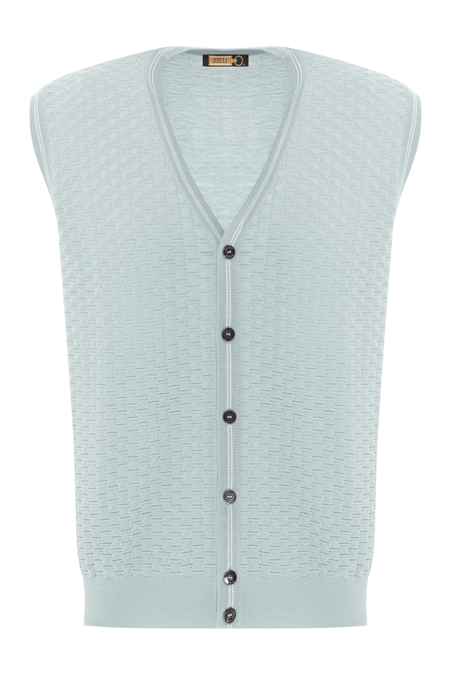 Zilli Трикотажний салатовий жилет з рельєфною в'язкою та контрастною планкою - об'ємне плетіння . 50% шовк, 50% бавовна. Колір: синій. Країна виробник: Італія. Догляд: спеціалізоване чищення - фото 1