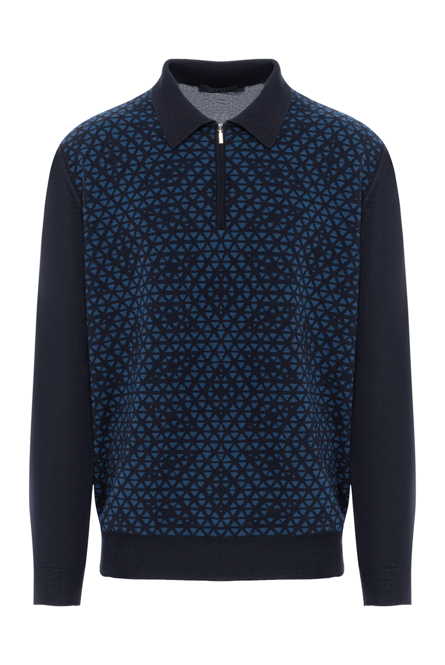 Zilli Поло на блискавці синє з геометричним жаккардом - геометричний жаккард. 55% вовна, 35% шовк, 10% кашемір. Колір: синій. блискавка. Країна виробник: Італія. Догляд: спеціалізоване чищення - фото 1