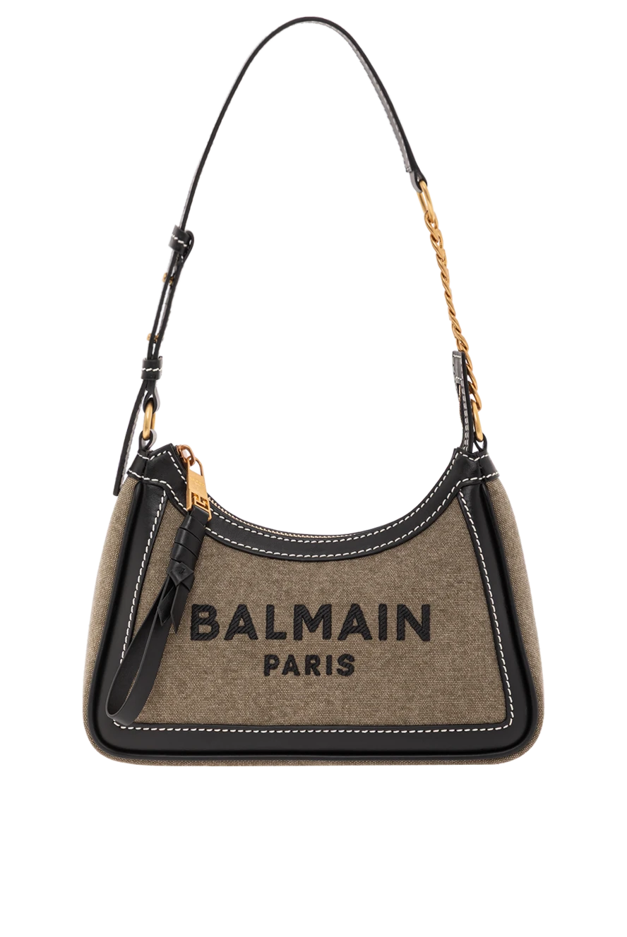 Balmain Сумка B-Army из холста с кожаными вставками цвета хаки женская - печать логотипа. 80% текстиль, 20% натуральная кожа. Размер: 19 x 12 x 7,5 см. Длина ремня: регулируемый ремешок. застежка-молния сверху с золотой отделкой. Страна производитель: Франция. Уход: специализированная чистка - фото 1
