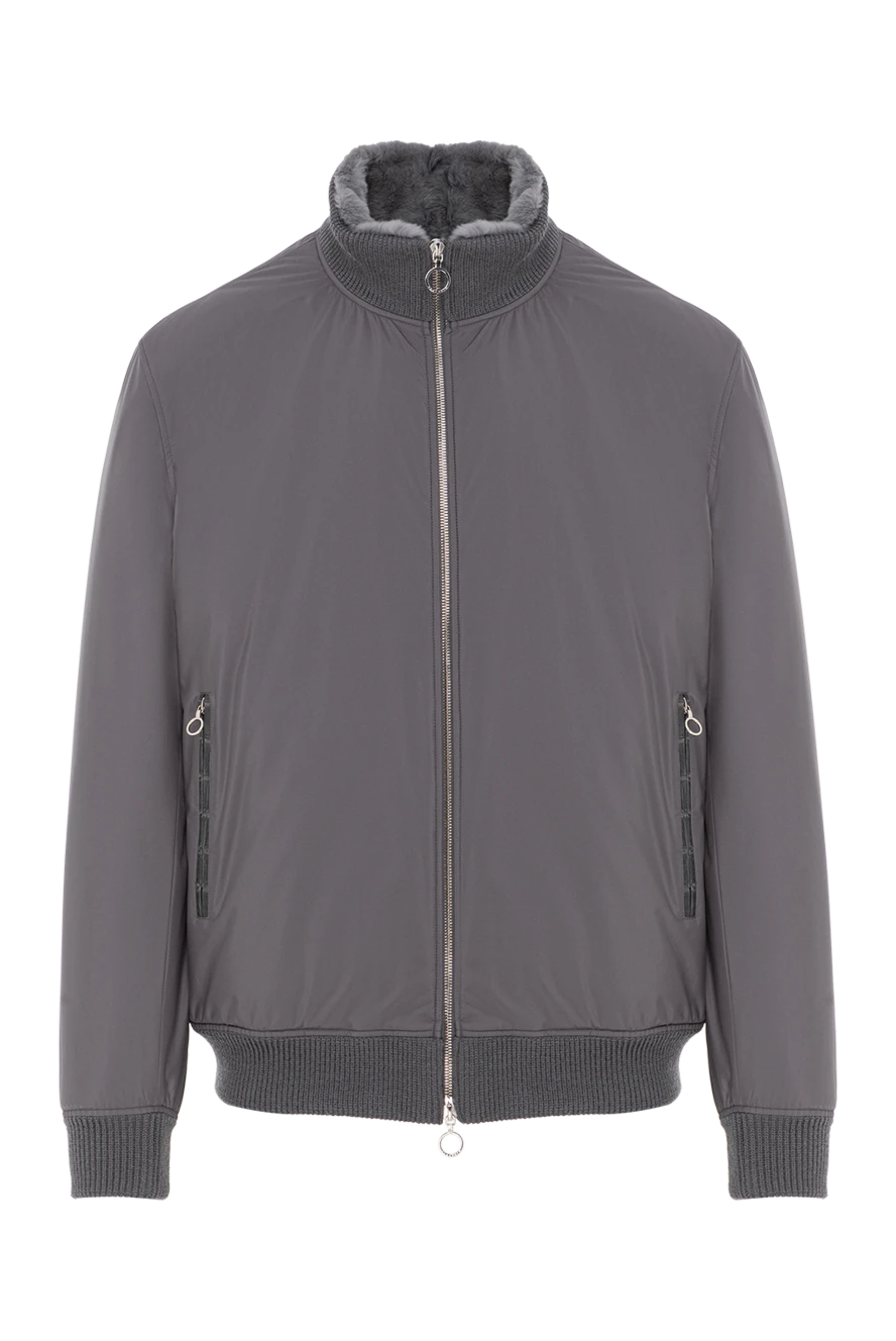 Seraphin Men's grey jacket with fur lining and crocodile leather trim - crocodile leather inserts. 95% nylon, 5% crocodile leather, 100% natural fur. zippers. two side pockets. Country of manufacture: Italy. Care: specialized cleaning - photo 1