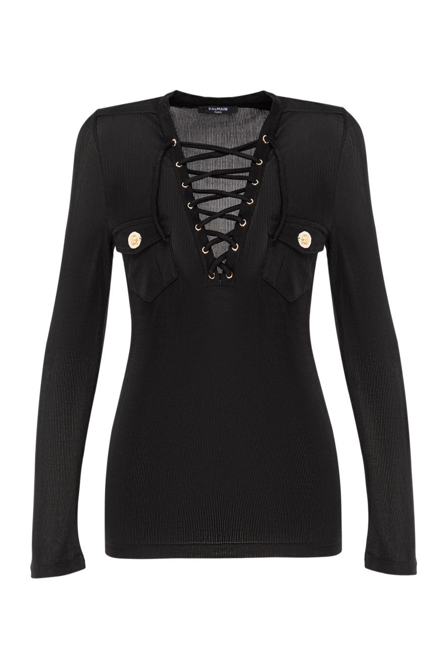 Balmain Блуза из тонкого ребристого джерси со шнуровкой черная - металлические пуговицы Золотая и серебряная монета . 95% вискоза 5% эластан. шнуровка. два нагрудных кармана. Страна производитель: Франция. Уход: специализированная чистка - фото 1