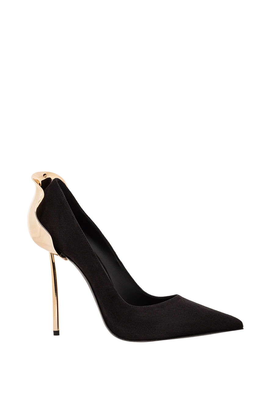 Le Silla Туфли Petalo из чёрной замши и телячьей кожи на золотом каблуке-шпилька - золотой каблук в виде лепестка. чёрная замша,и телячья кожа . Высота каблука: 120 мм. Страна производитель: Италия. Уход: специализированная чистка - фото 1