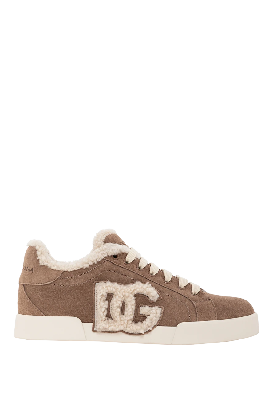 Dolce & Gabbana Снікери Portofino Light з телячої шкіри та овчини коричневі - аплікація DG. 60% шкіра телята 40% овчина. з тексону. Висота підошви: 15 мм. Країна виробник: Італія. Догляд: спеціалізоване чищення - фото 1