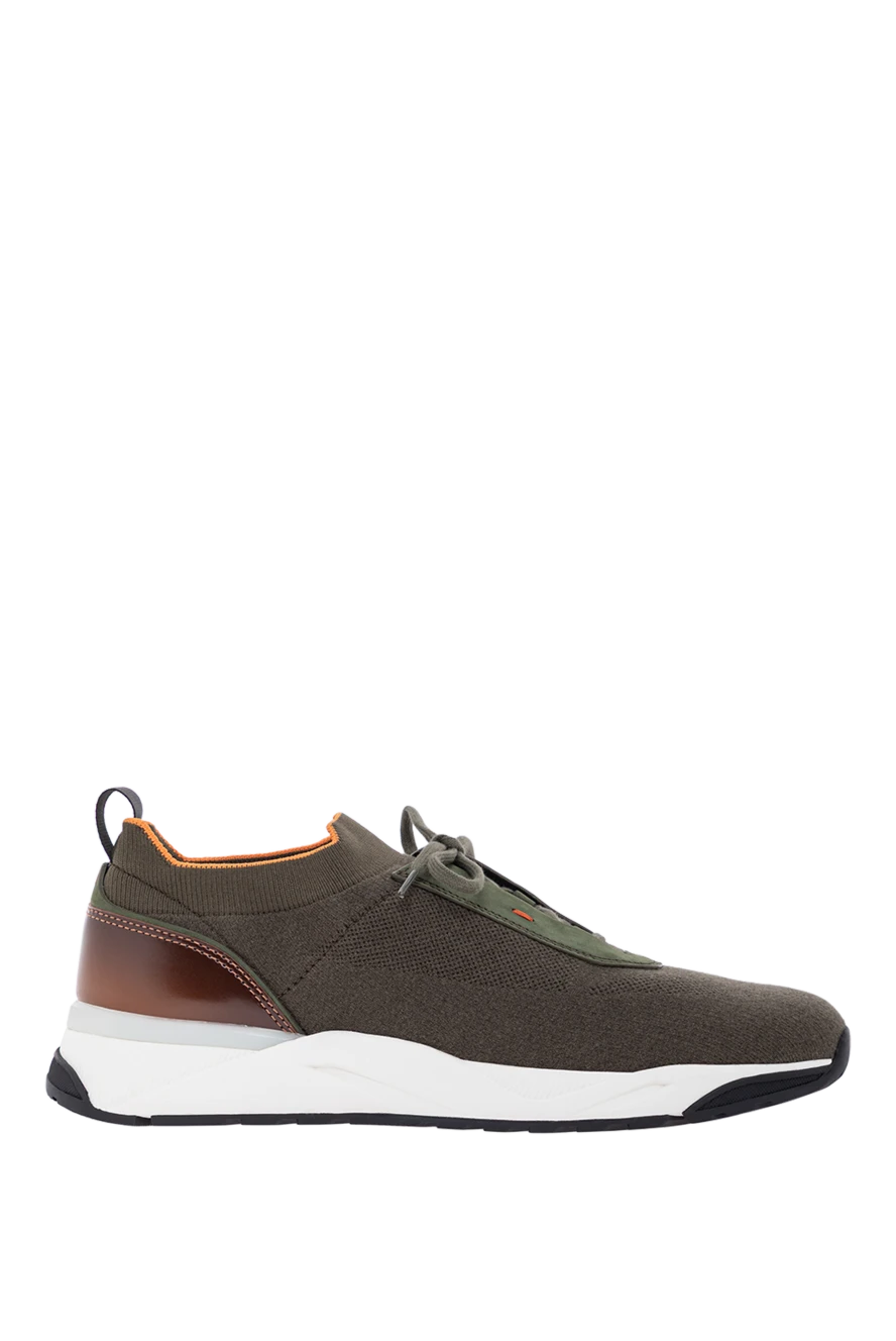 Santoni Мужские зеленые кроссовки из эластичного трикотажа и кожи - контрастная окантовка. 90% шерсть, 10% натуральная кожа. шнуровка. резиновая подошва для бега. Страна производитель: Италия. Уход: специализированная чистка - фото 1