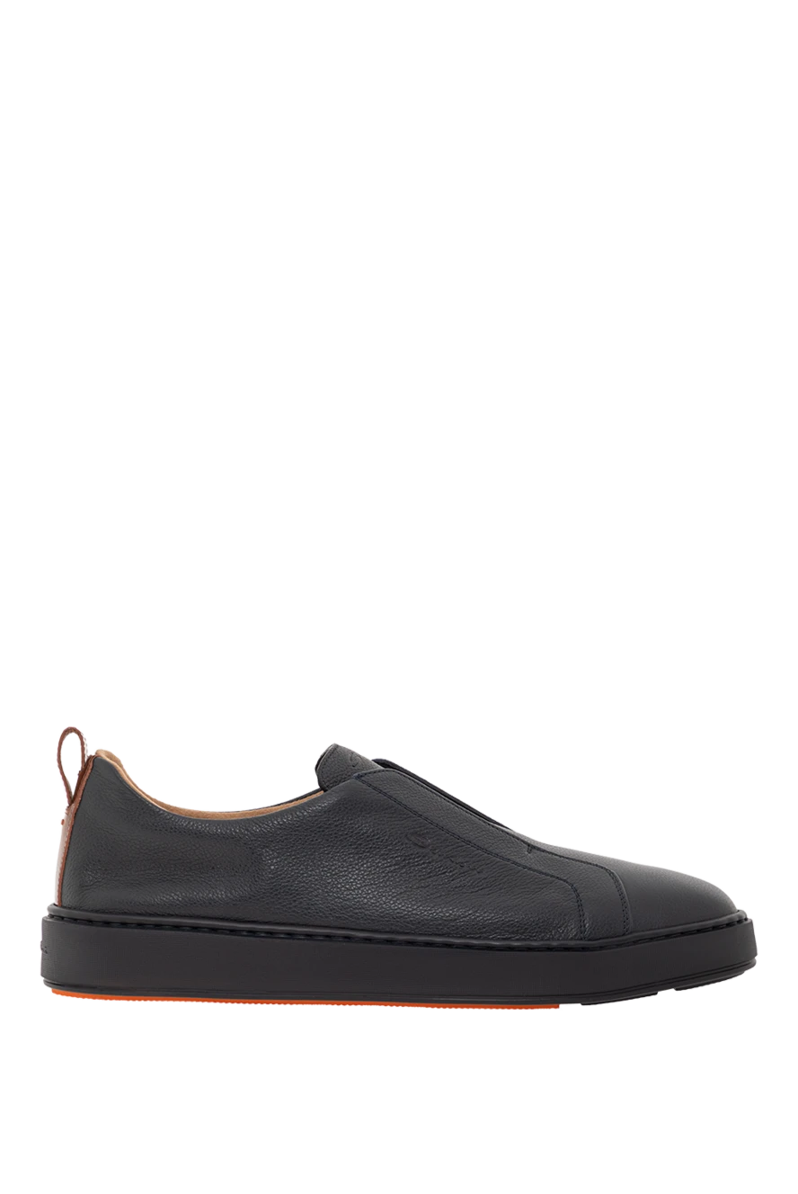 Santoni Men's blue slip-on sneakers made of ultra-soft leather - Decoration: Contrast sole. Material: 100% genuine leather. Lace-up. Rubber sole. Country of manufacture: Italy. Care: specialized cleaning - photo 1