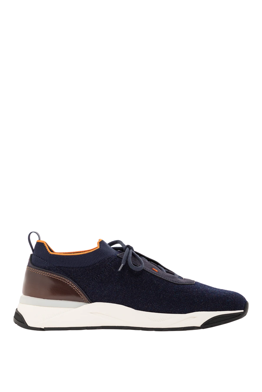 Santoni Мужские синие кроссовки из эластичного трикотажа на белой подошве - контрастная окантовка. 90% шерсть, 10% натуральная кожа. шнуровка. резиновая подошва. Страна производитель: Италия. Уход: специализированная чистка - фото 1