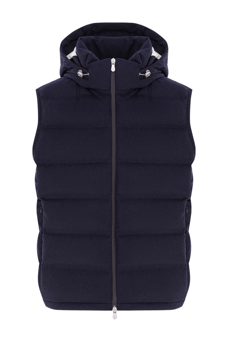Brunello Cucinelli Стеганый пуховый жилет с капюшоном из шерсти темно-синего цвета - 100% шерсть. капюшон. молния. два боковых кармана. Утеплитель: пух. Страна производитель: Италия. Уход: специализированная чистка - фото 1