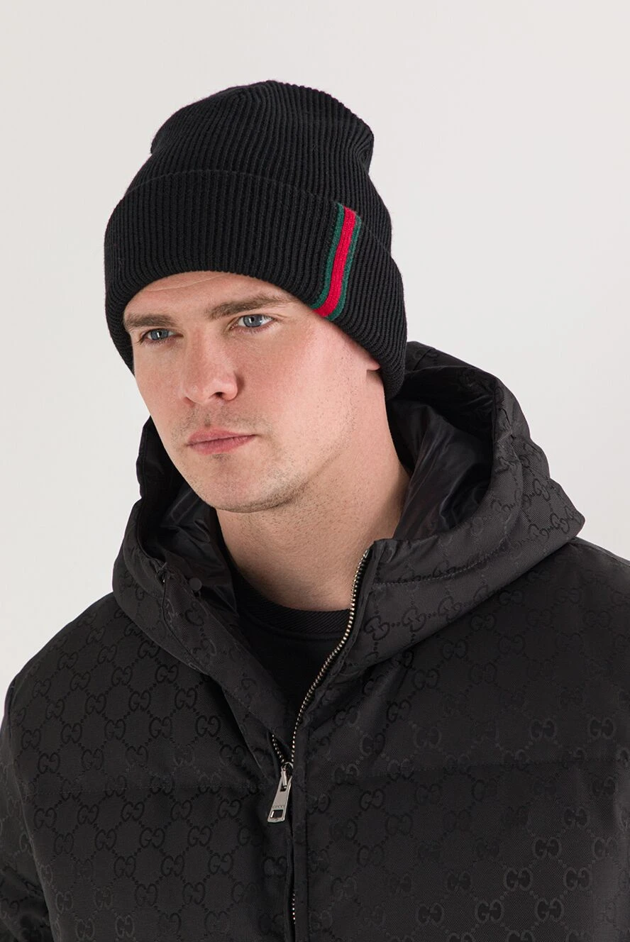 Gucci black wool beanie hat with green and red trim 191585 — Men a
