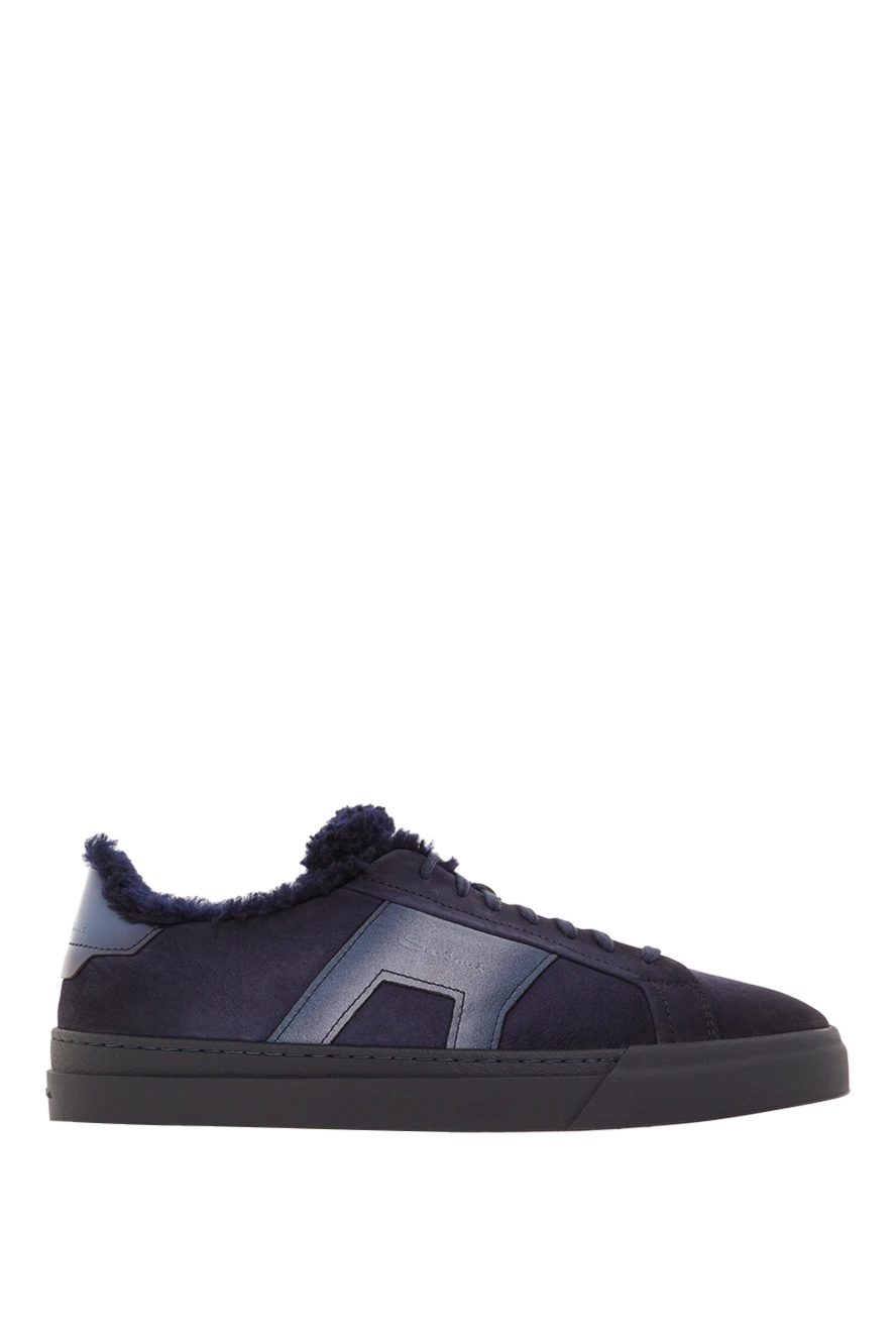 Santoni Мужские замшевые кроссовки Gloria темно-синего цвета с подкладкой из меха. - эффект деграде. 100% кожа натуральная, 100% натуральный мех. шнуровка . резина. Страна производитель: Италия. Уход: специализированная чистка - фото 1