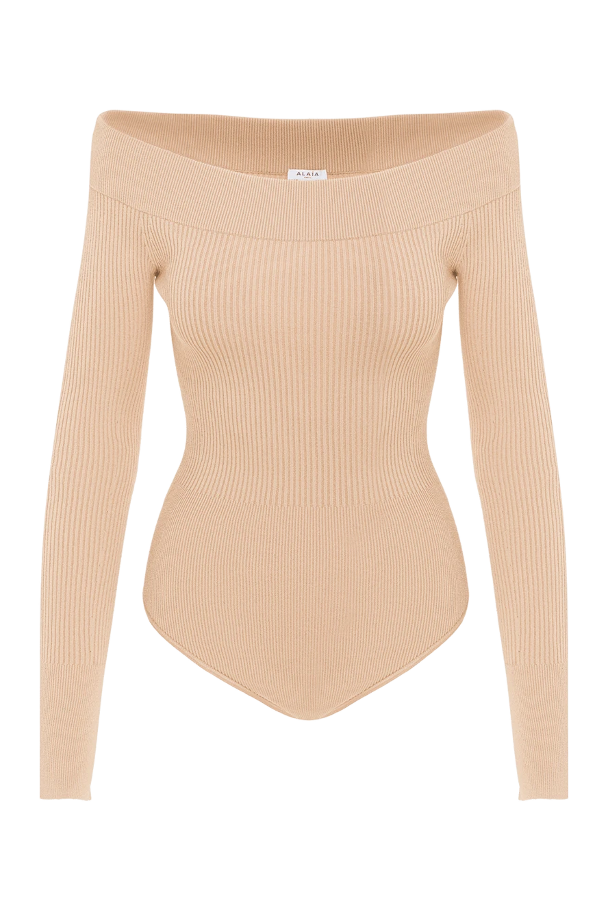 Alaia Вязаное бежевое боди ребристой вязки с открытыми плечами - рубчик. 100% полиамид. Страна производитель: Франция. Уход: специализированная чистка - фото 1