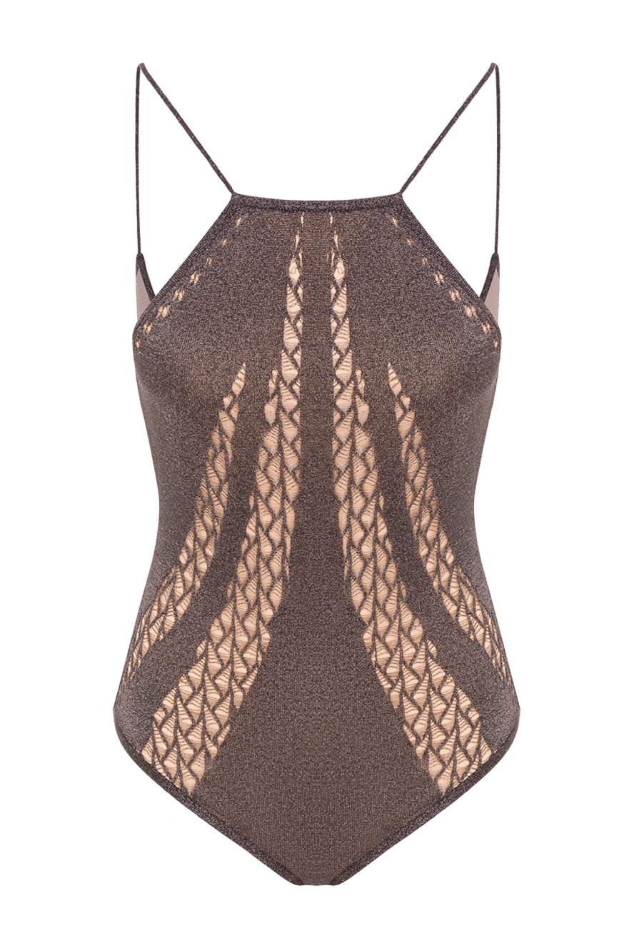 Moeva В'язаний коричневий купальник із зав'язками на шиї в стилі Provence - напівпрозора сітка. 79% віскоза, 17% металізована нитка, 4% поліестер. зав'язки. Країна виробник: Італія. Догляд: спеціалізоване чищення - фото 1