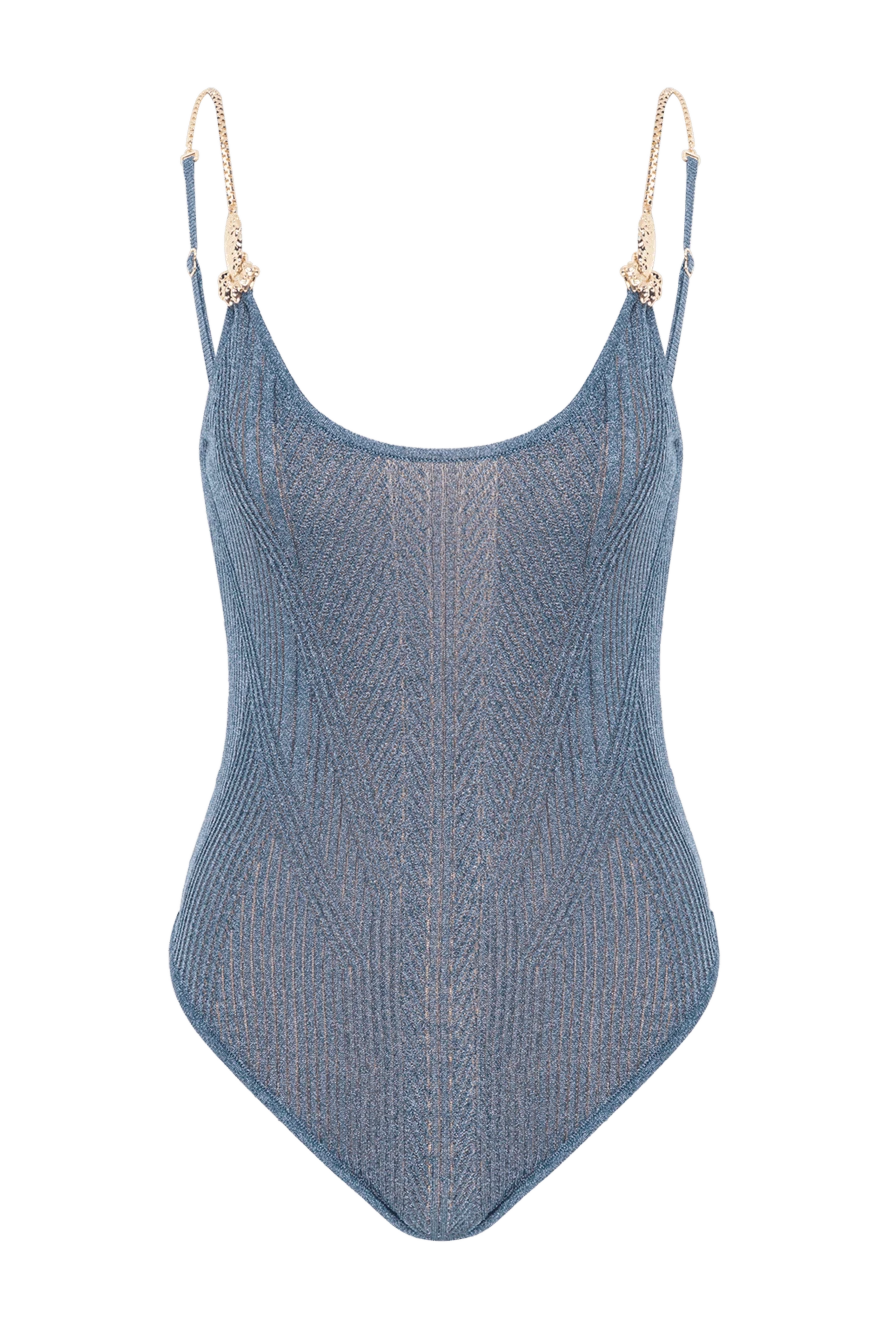 Moeva Купальник Tropezia з вирізом-човником блакитний в'язаний із золотими ланцюжками на бретелях - фірмові золоті ланцюжки. 79% віскоза, 17% металізована нитка, 4% поліестер. Країна виробник: Італія. Догляд: спеціалізоване чищення - фото 1
