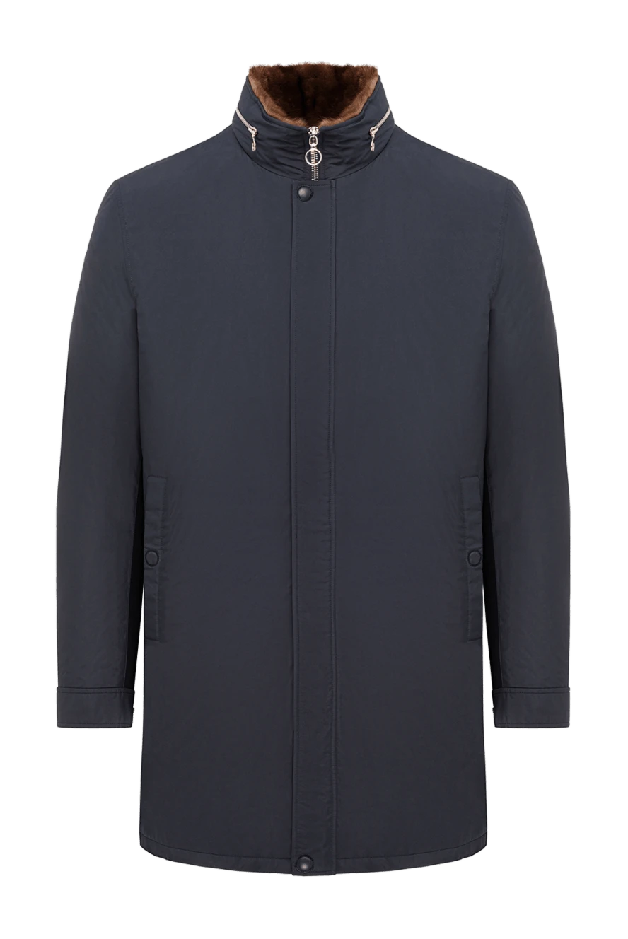 Seraphin Men's dark blue insulated fur parka with a stand-up collar - Decoration: fur collar. Additional: hood. 90% polyamide, 10% genuine leather, 100% genuine fur. zipper, snap. two side pockets. Country of manufacture: Italy. Care: specialized cleaning - photo 1