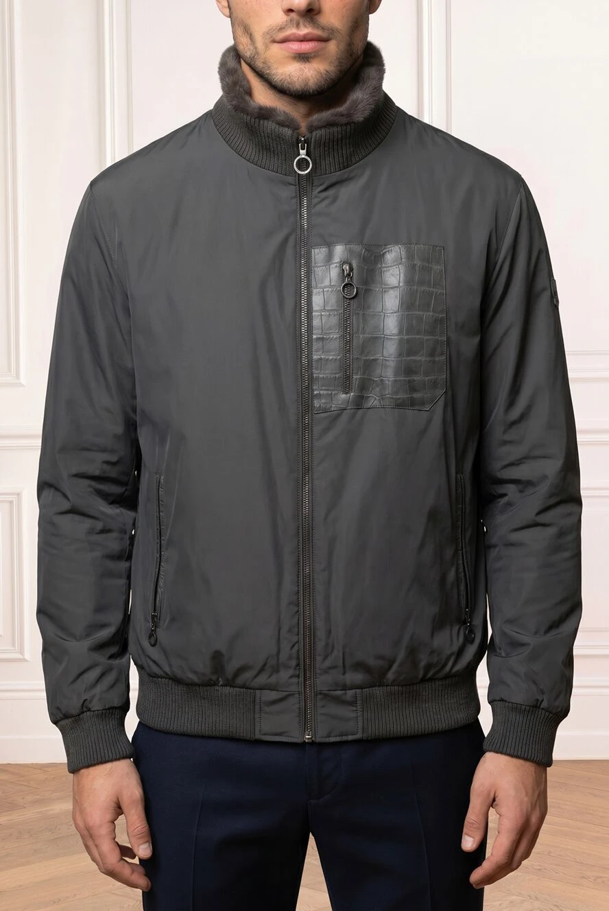 Seraphin Men's gray fur-lined bomber jacket with a crocodile skin pocket - Additional Features: Hood. 90% polyamide, 10% crocodile skin, 100% natural fur. Zipper. Two side pockets, one chest pocket. Country of manufacture: Italy. Care: specialized cleaning - photo 1