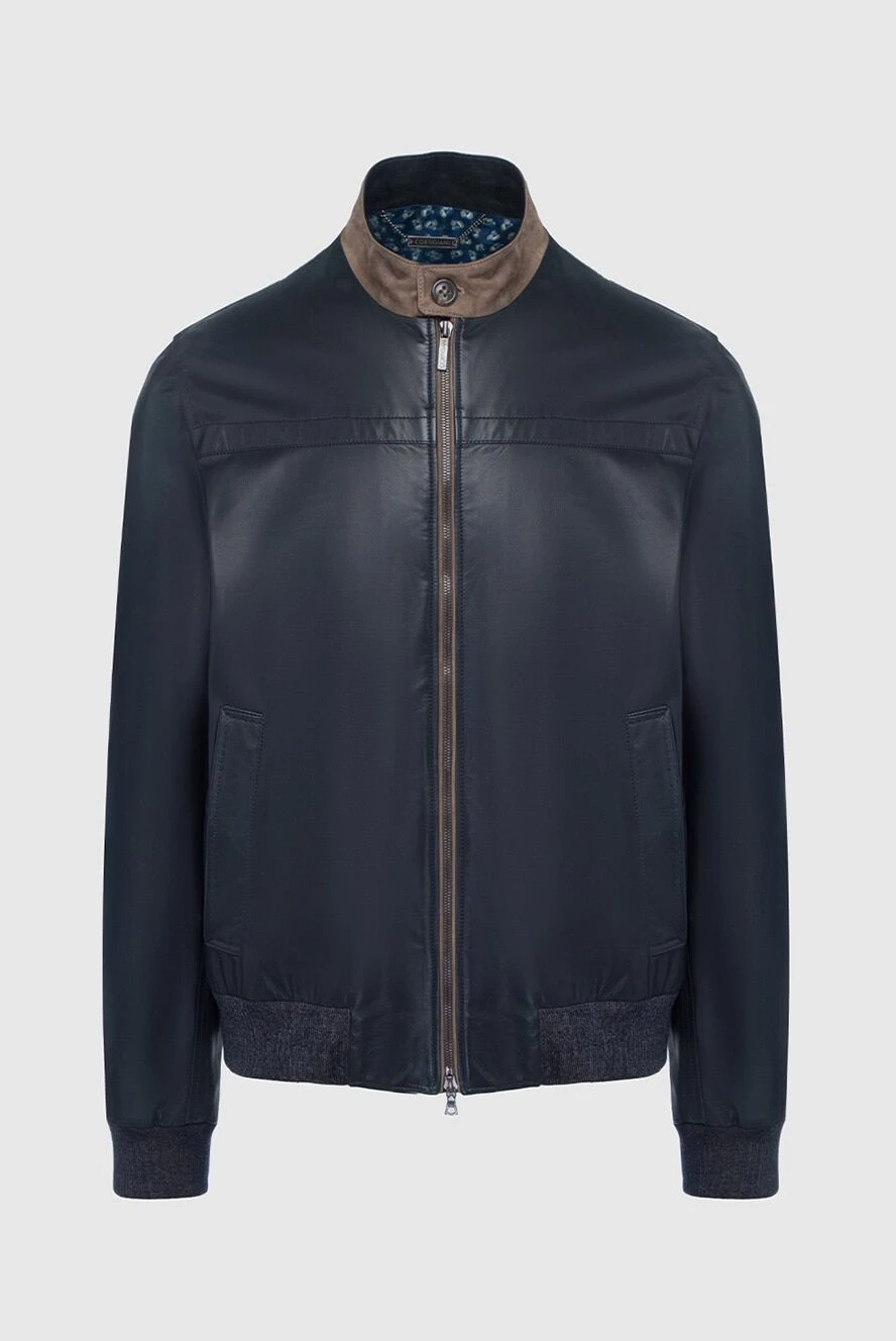 Cortigiani Black leather jacket for men - Contrasting stand collar. 100% leather. Closure: Zipper. Two side pockets. Country of manufacture: Italy. Care: specialized cleaning - photo 1