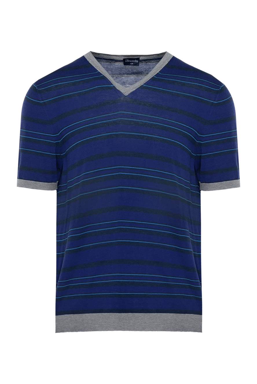 Drumohr Cotton T-shirt blue for men - stripe pattern. V-neck, contrast trim. 100% cotton. Country of manufacture: Italy. Care: specialized cleaning - photo 1