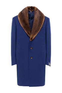 Пальто-честерфілд вовняне синє з контрастним хутряним шалевим коміром чоловіче