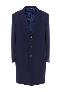 Пальто класичне вовняне синє з контрастним хутряним шалевим коміром чоловіче