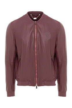 Mens burgundy leather bomber jacket decorated with a tonal brand emblem