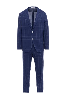 Wool blue suit in contrast check with accent buttons men's
