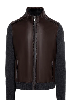 Men's cardigan made of genuine leather and cashmere, brown