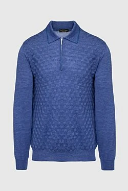 Long-sleeved silk and cashmere polo blue for men