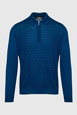 Long-sleeved silk and cashmere polo blue for men