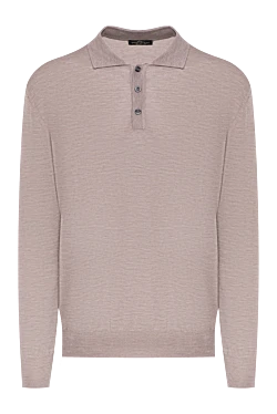 Beige men's long sleeve wool and cashmere polo shirt