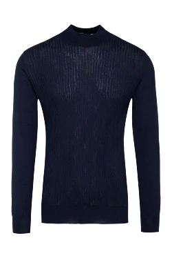 Men's jumper with a high stand-up collar made of cashmere and silk blue