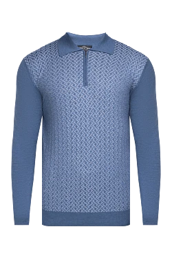 Long-sleeved wool and cashmere polo shirt blue for men