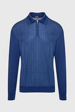 Long-sleeved silk and cashmere polo blue for men