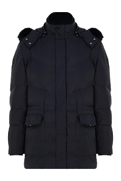 Men's down jacket made of wool, polyester and genuine leather blue