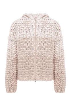 Кардиган світло-бежевий жіночий в'язаний на блискавці з капюшоном і хутром