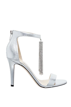 Women's gray leather sandals with crystal pendants